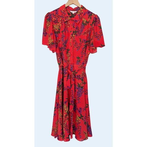 NANETTE LEPORE Floral Tie Belt Shirt Dress Flutter Sleeves Sz 14 - Picture 2 of 8